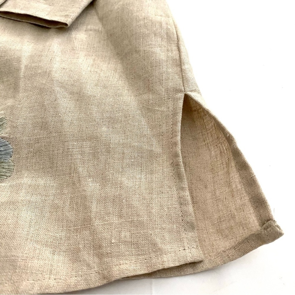 Tan Linen Button-down Top Sz Large Embroidered Floral Lagenlook Shirt Blouse - Picture 7 of 15